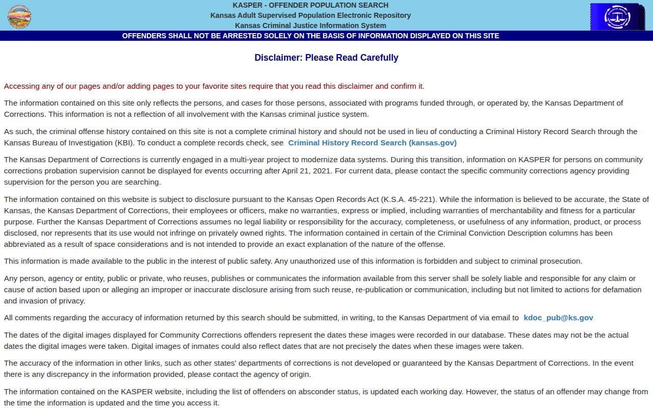 Kansas KASPER disclaimer and offender search for Barber County release checks